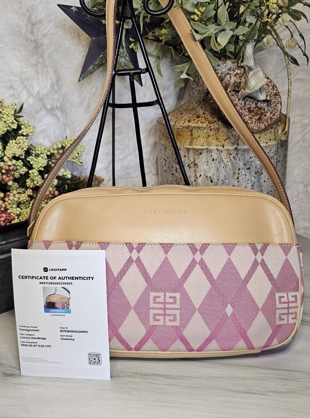 Givenchy Pink Patterned Canvas & Tan Leather Shoulder Bag With COA.